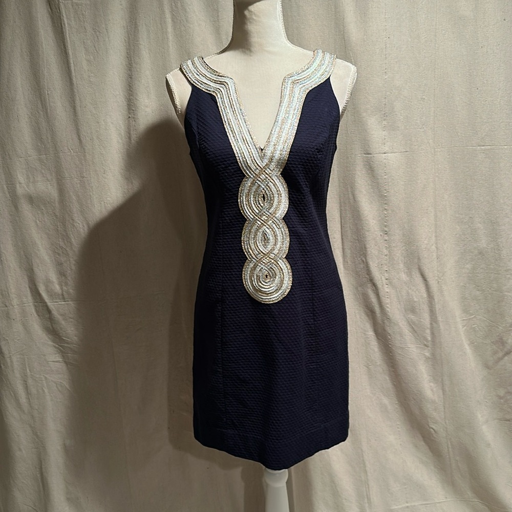 Lilly Pulitzer navy dress with metallic gold and silver accent